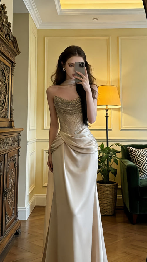 Light champagne-colored strapless fitted long ball gown, bridal dress,AST2309