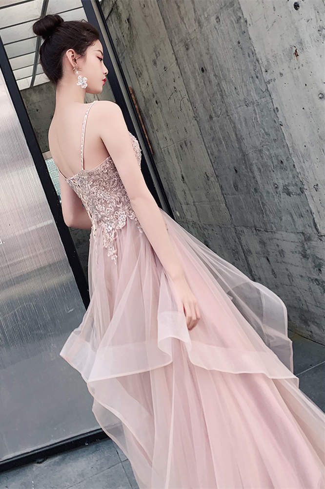 Light Champagne Lace Appliques Tulle Long Party Dress