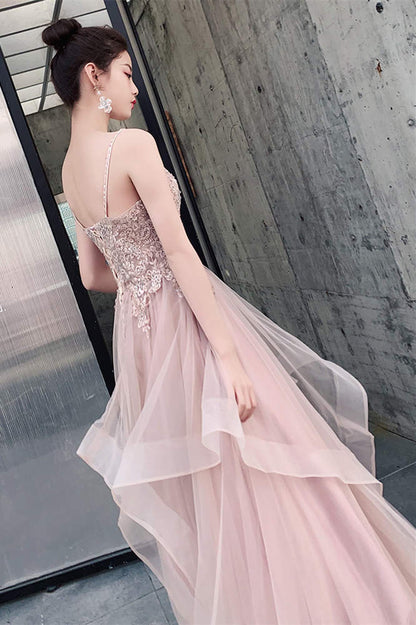 Light Champagne Lace Appliques Tulle Long Party Dress
