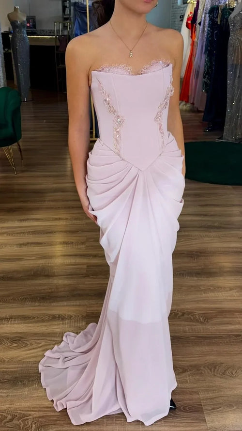 Light Pink Bodycon Prom Dresses Appliques Mermaid Evening Dance Dress,AST2189