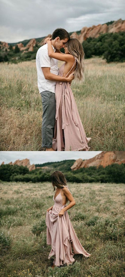 Light Pink Deep V-neck Long Prom Dresses Sexy Party Casual Dress,AST2155