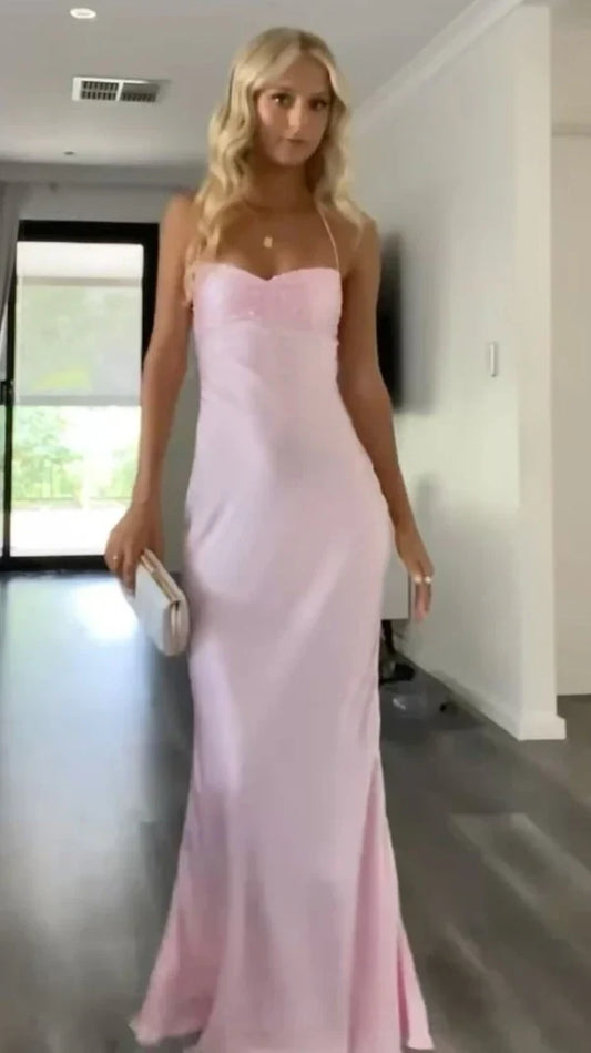 Light Pink Sheath Long Prom Dress - Spaghetti Straps Satin Evening Gown