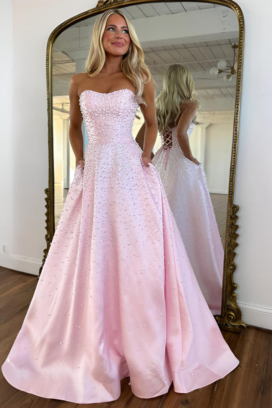 Light Pink Strapless Beaded Prom Dress A-Line Satin Gown with Corset Back