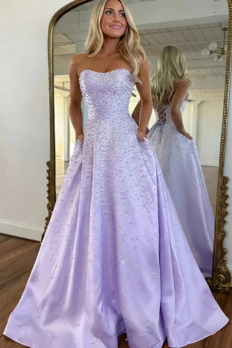 Light Pink Strapless Beaded Prom Dress A-Line Satin Gown with Corset Back