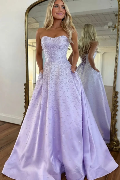 Light Pink Strapless Beaded Prom Dress A-Line Satin Gown with Corset Back