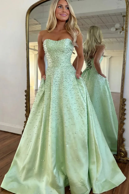 Light Pink Strapless Beaded Prom Dress A-Line Satin Gown with Corset Back