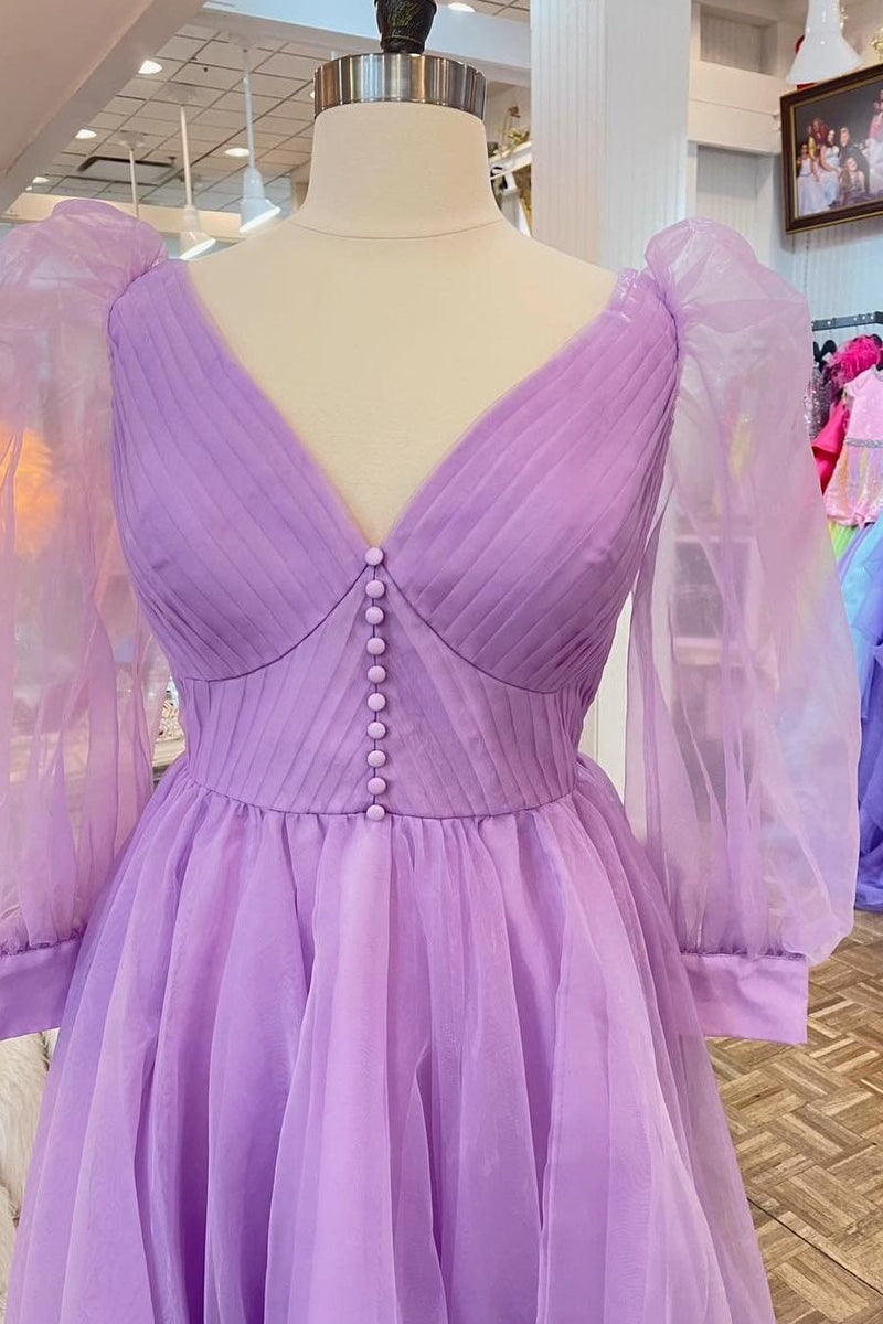 Lilac Long Sleeves Corset Tulle Long Formal Gown