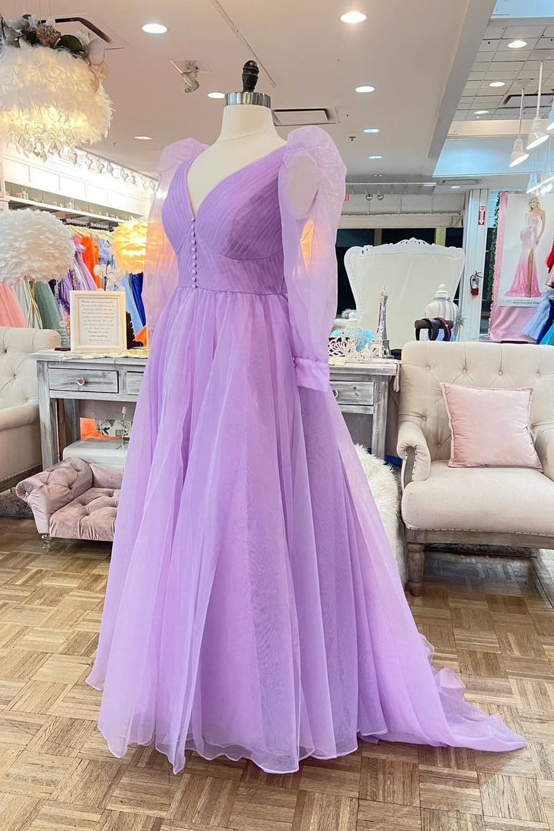 Lilac Long Sleeves Corset Tulle Long Formal Gown