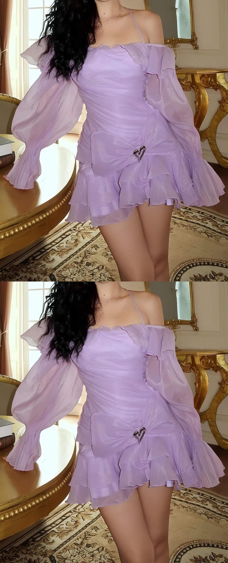 Lilac Organza A-line Homecoming Dresses Long Sleeves Mini Party Dress, AST1985