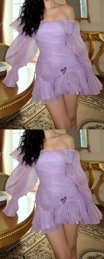 Lilac Organza A-line Homecoming Dresses Long Sleeves Mini Party Dress, AST1985