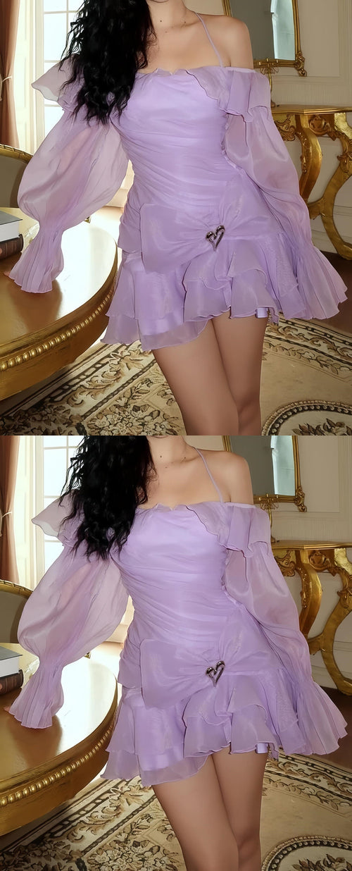 Lilac Organza A-line Homecoming Dresses Long Sleeves Mini Party Dress, AST1985