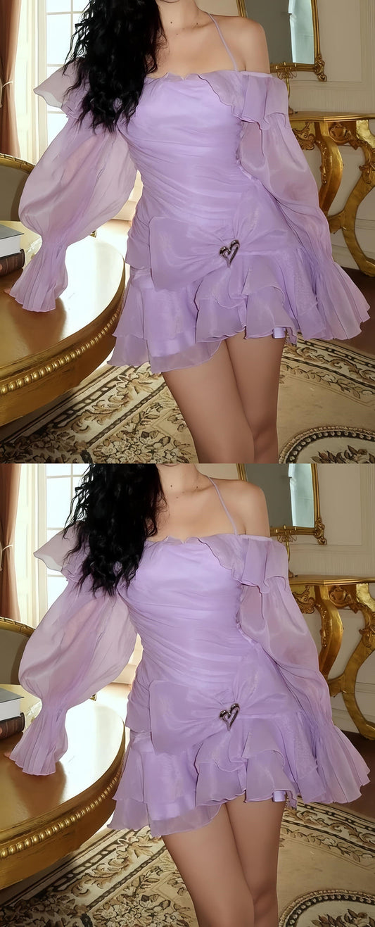 Lilac Organza A-line Homecoming Dresses Long Sleeves Mini Party Dress, AST1985