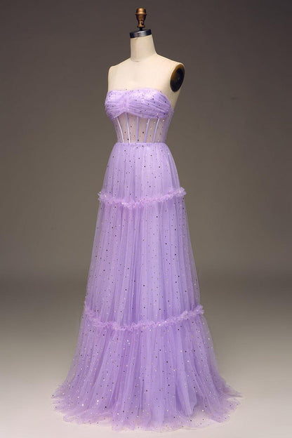 Lilac Starry Tulle A-line Long Formal Dress