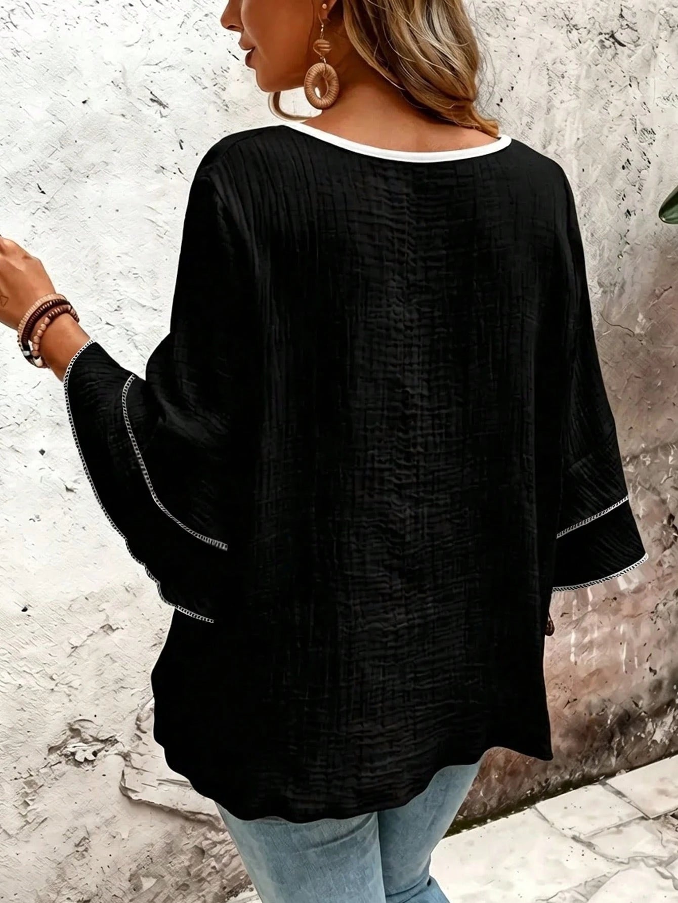 Linhara CURVE Plus Size Women's Casual Loose Textured Black Flare Double Layer Sleeve Blouse