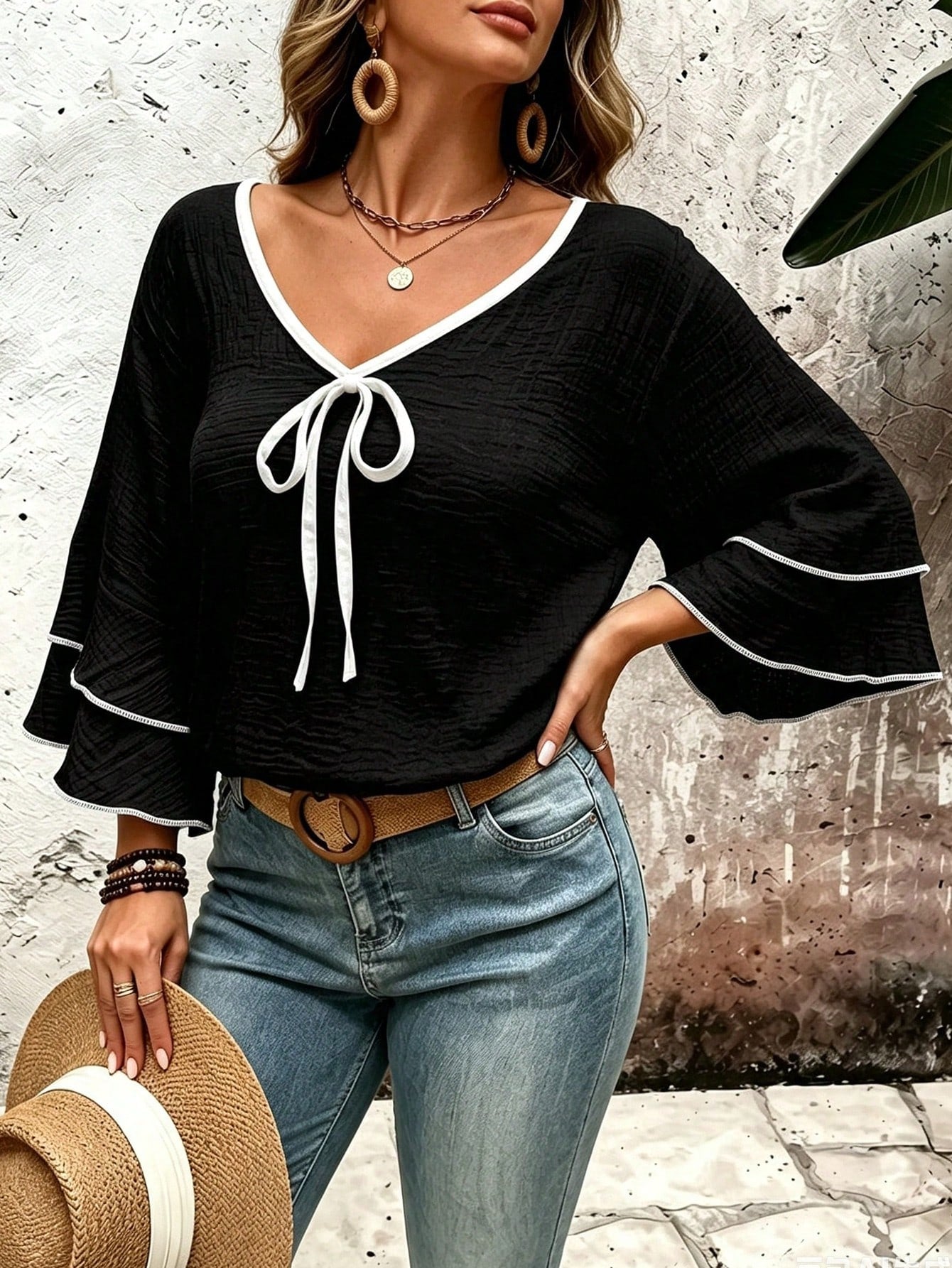 Linhara CURVE Plus Size Women's Casual Loose Textured Black Flare Double Layer Sleeve Blouse