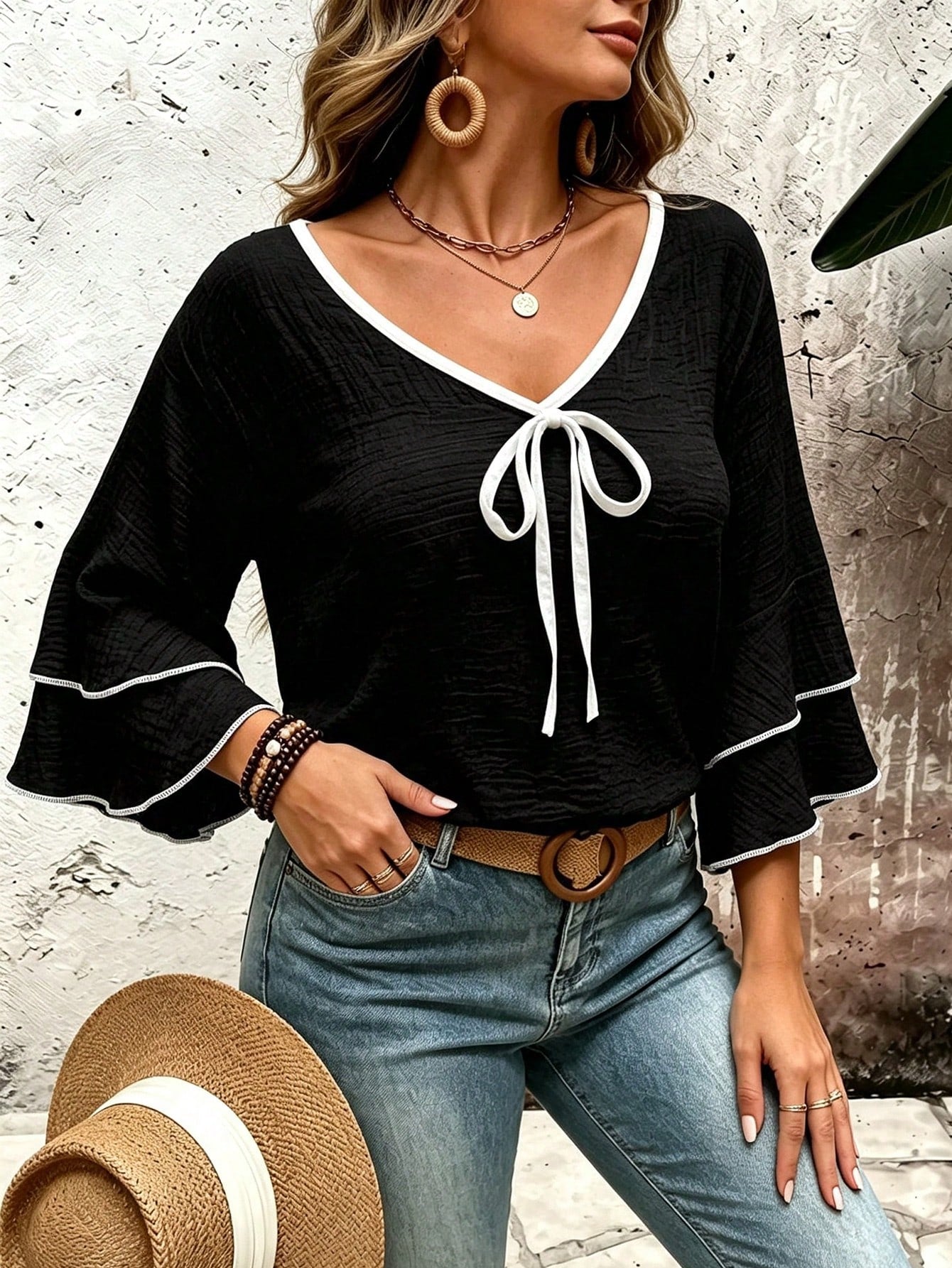 Linhara CURVE Plus Size Women's Casual Loose Textured Black Flare Double Layer Sleeve Blouse