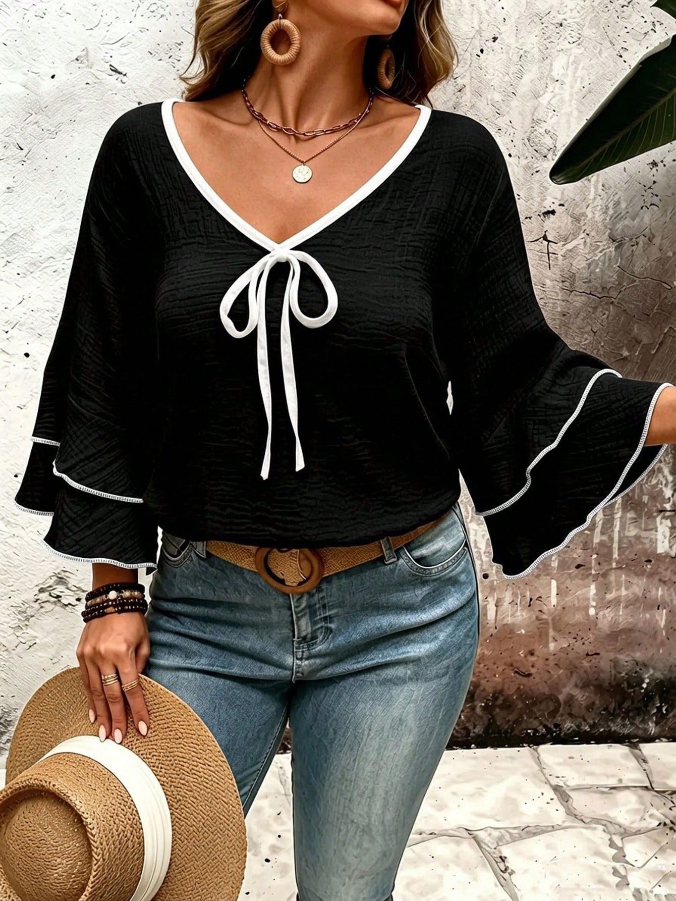 Linhara CURVE Plus Size Women's Casual Loose Textured Black Flare Double Layer Sleeve Blouse