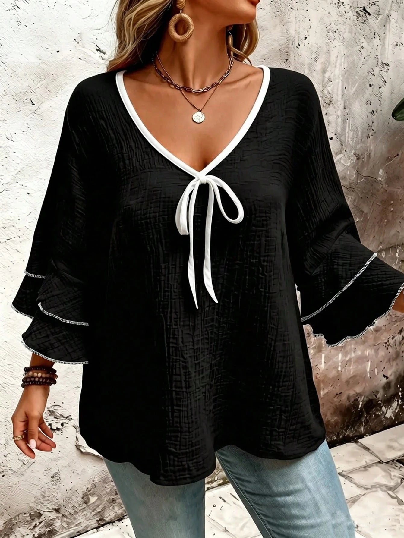 Linhara CURVE Plus Size Women's Casual Loose Textured Black Flare Double Layer Sleeve Blouse