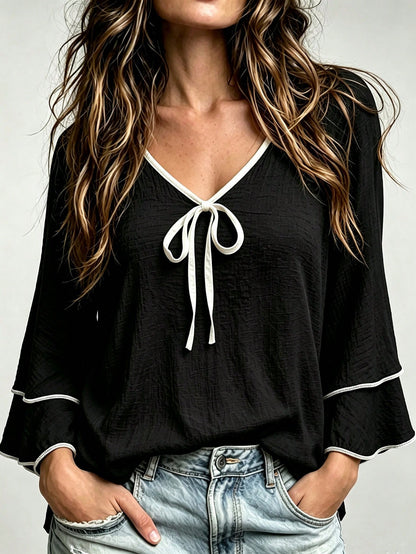 Linhara CURVE Plus Size Women's Casual Loose Textured Black Flare Double Layer Sleeve Blouse