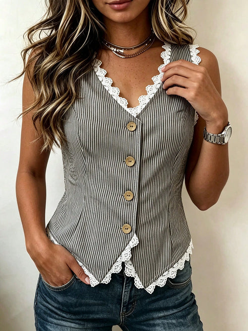 Linhara CURVE Plus Size Women's New Spring/Summer Series/V-Neck, Single Button Design, Lace Decor, No Waist Design, Short Women's Vest Top, Women's Summer Top Vintage Striped Vest Lace Decor V-Neck Si