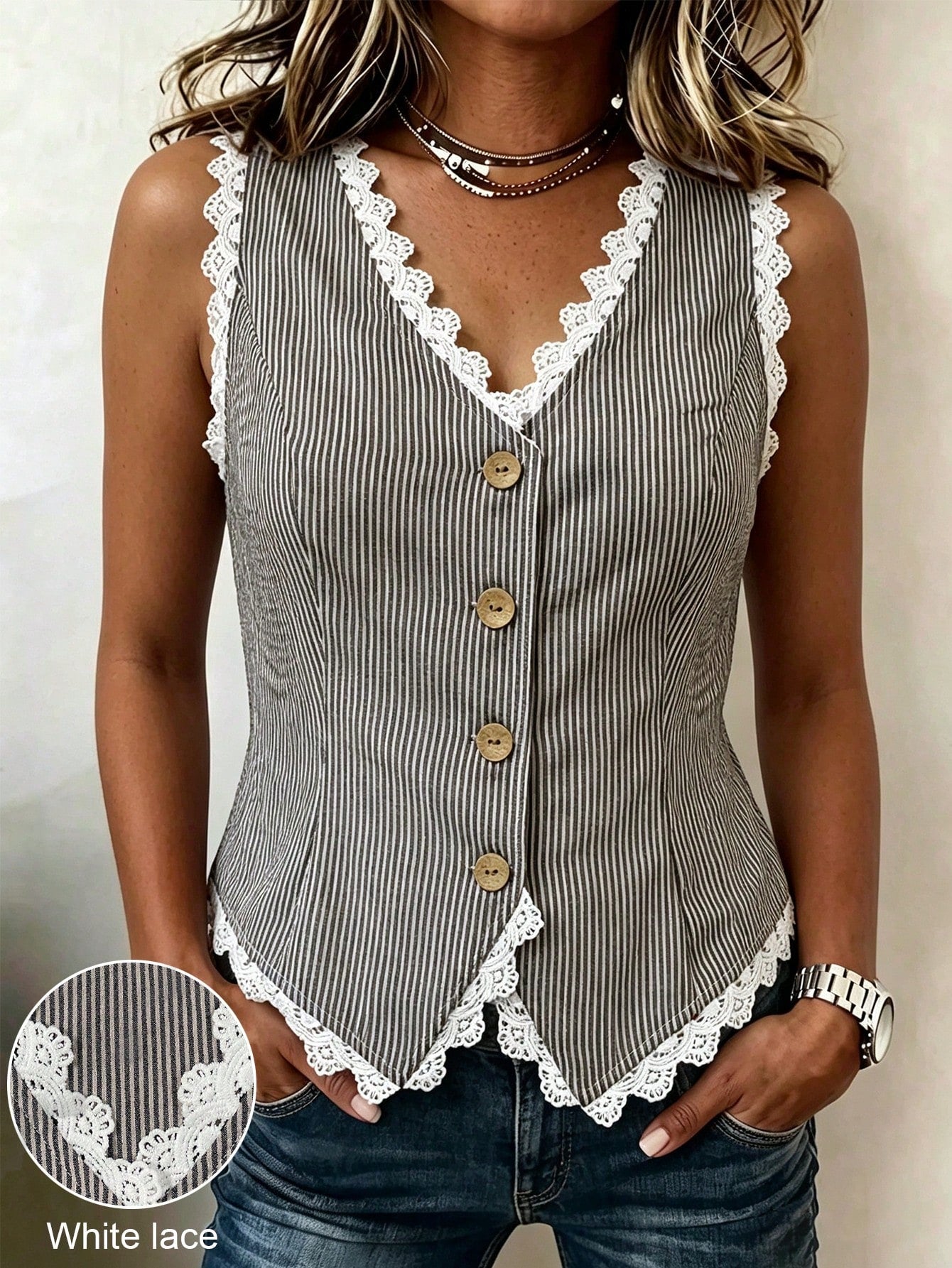 Linhara CURVE Plus Size Women's New Spring/Summer Series/V-Neck, Single Button Design, Lace Decor, No Waist Design, Short Women's Vest Top, Women's Summer Top Vintage Striped Vest Lace Decor V-Neck Si