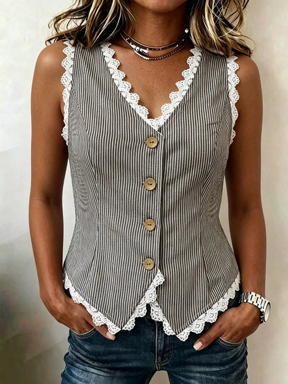 Linhara CURVE Plus Size Women's New Spring/Summer Series/V-Neck, Single Button Design, Lace Decor, No Waist Design, Short Women's Vest Top, Women's Summer Top Vintage Striped Vest Lace Decor V-Neck Si