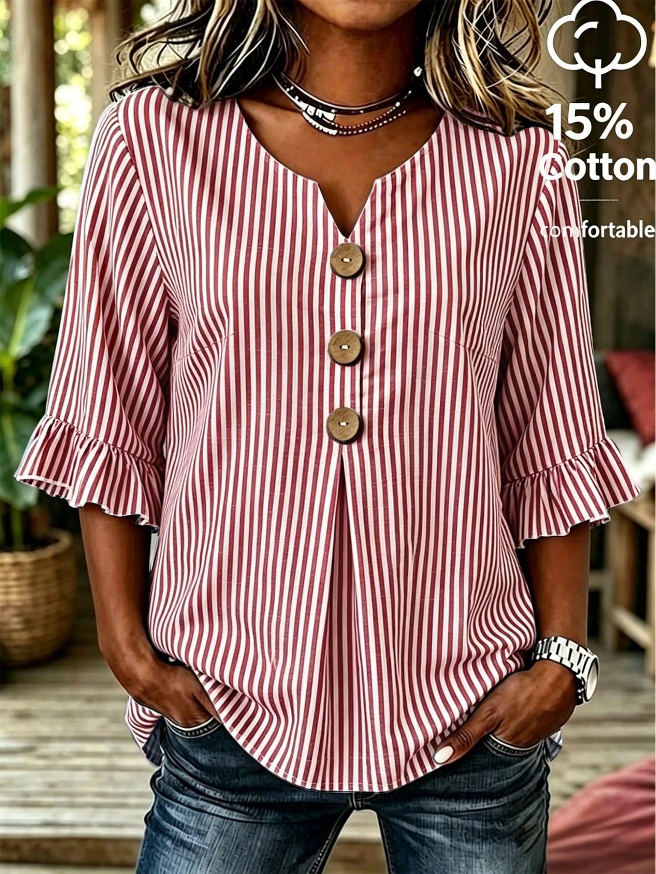 Linhara CURVE Plus Size Women's Notched V-Neck Button Decor Mid-Sleeve Red And White Shirt, Summer Top, Vacation, Casual Beach Bussines Bussines Office