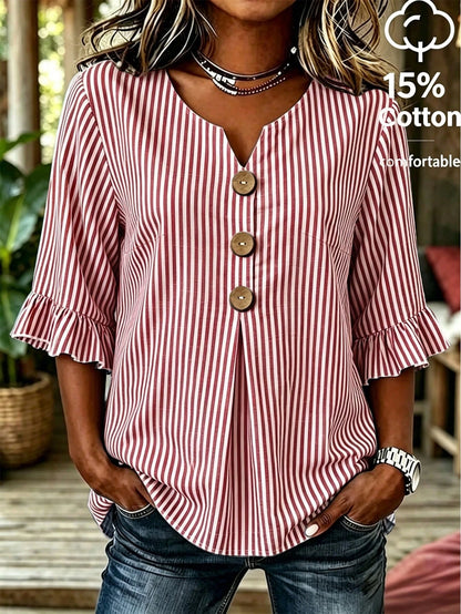 Linhara CURVE Plus Size Women's Notched V-Neck Button Decor Mid-Sleeve Red And White Shirt, Summer Top, Vacation, Casual Beach Bussines Bussines Office