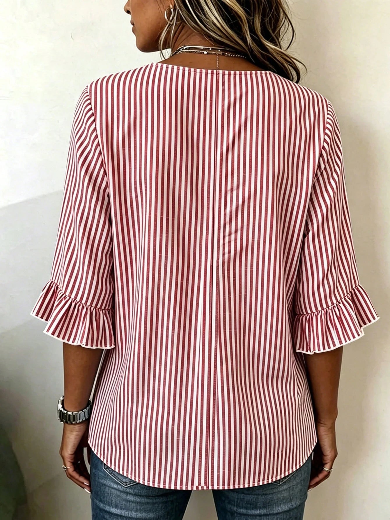 Linhara CURVE Plus Size Women's Notched V-Neck Button Decor Mid-Sleeve Red And White Shirt, Summer Top, Vacation, Casual Beach Bussines Bussines Office