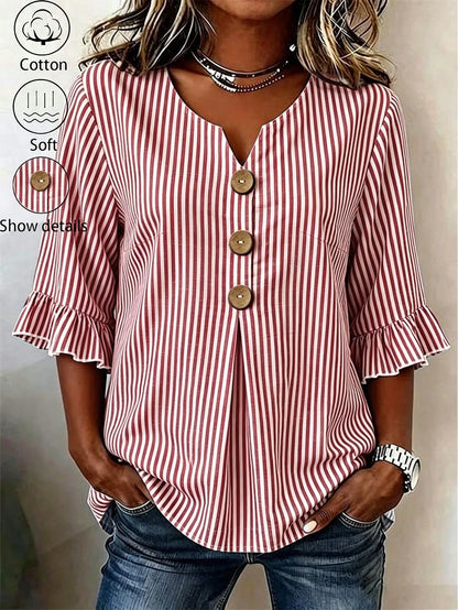 Linhara CURVE Plus Size Women's Notched V-Neck Button Decor Mid-Sleeve Red And White Shirt, Summer Top, Vacation, Casual Beach Bussines Bussines Office