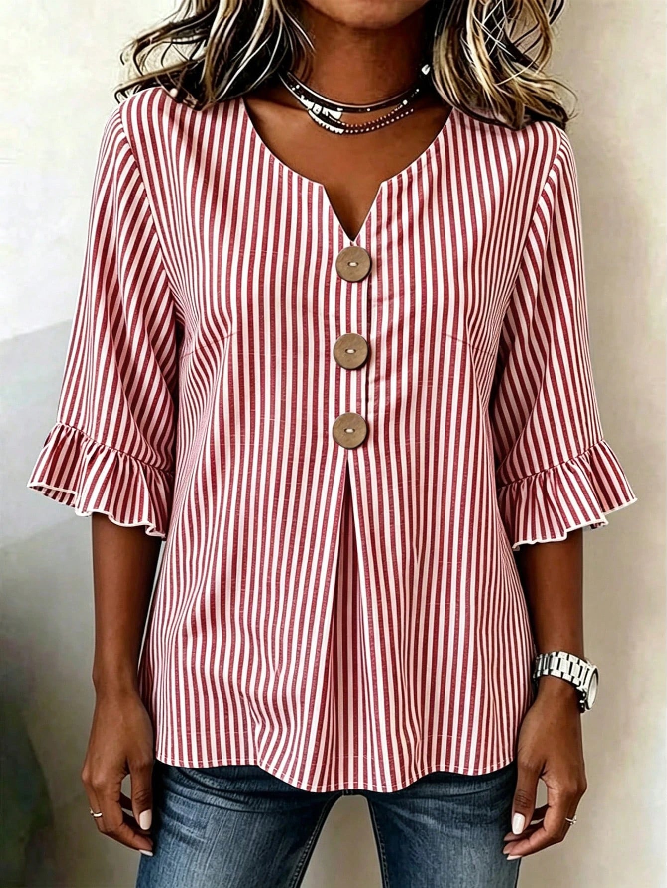 Linhara CURVE Plus Size Women's Notched V-Neck Button Decor Mid-Sleeve Red And White Shirt, Summer Top, Vacation, Casual Beach Bussines Bussines Office