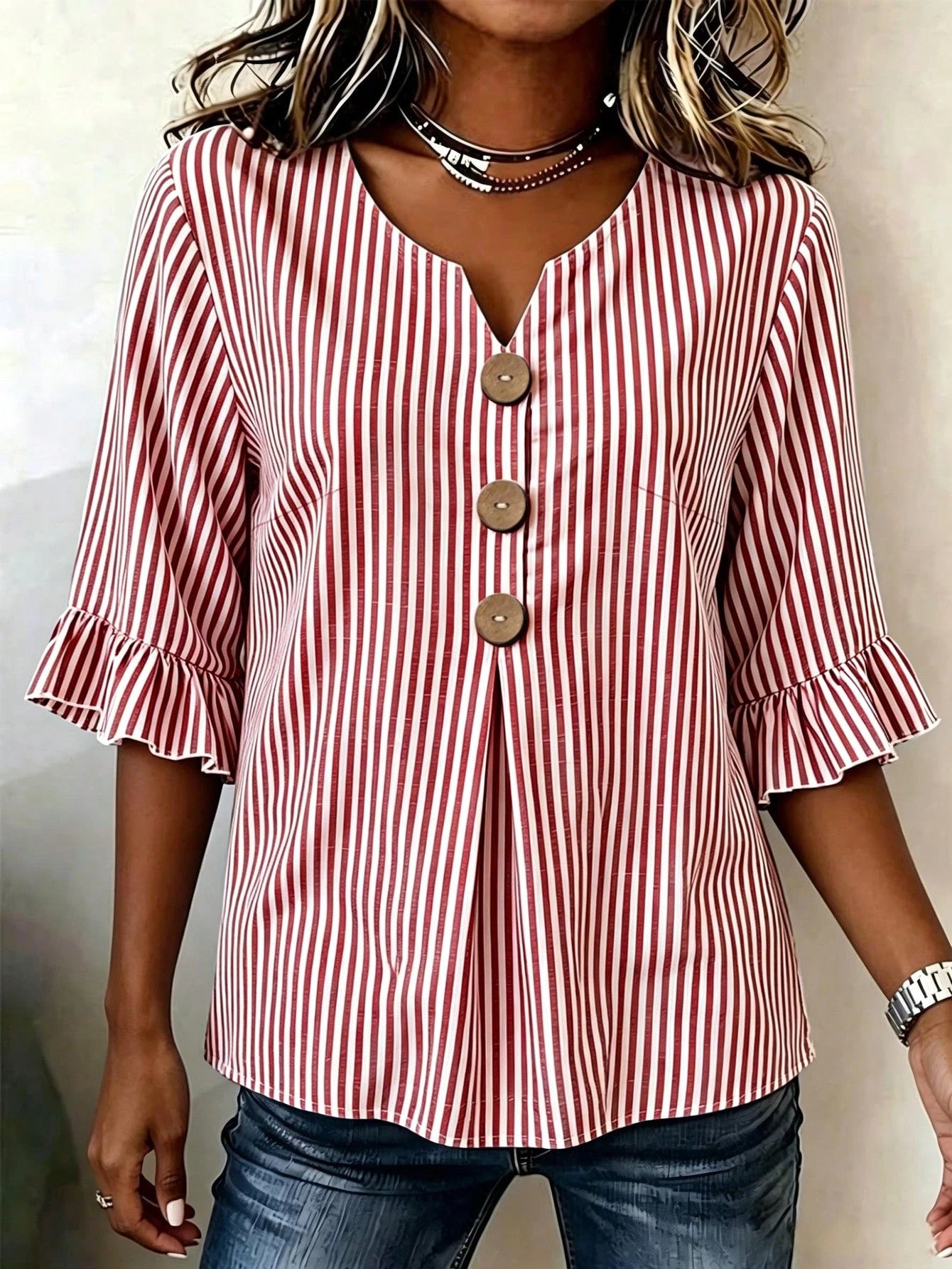 Linhara CURVE Plus Size Women's Notched V-Neck Button Decor Mid-Sleeve Red And White Shirt, Summer Top, Vacation, Casual Beach Bussines Bussines Office