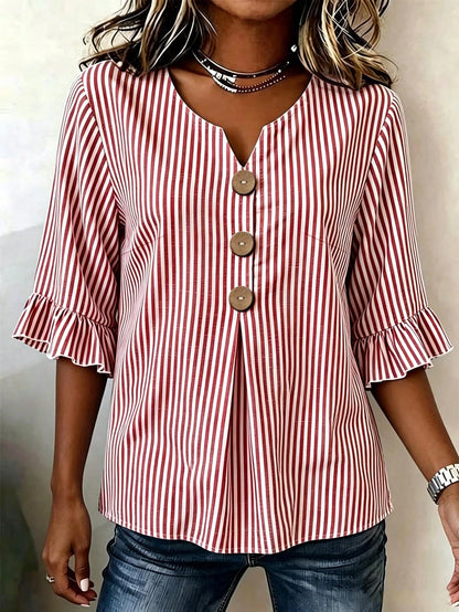 Linhara CURVE Plus Size Women's Notched V-Neck Button Decor Mid-Sleeve Red And White Shirt, Summer Top, Vacation, Casual Beach Bussines Bussines Office