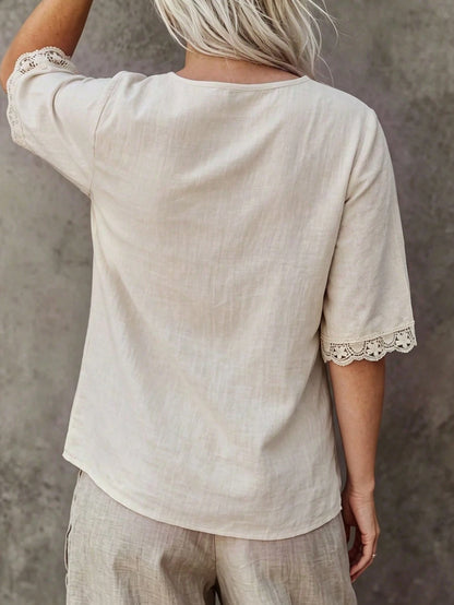 Linhara CURVE Plus-Size Women's Patchwork Lace Casual Autumn Blouse