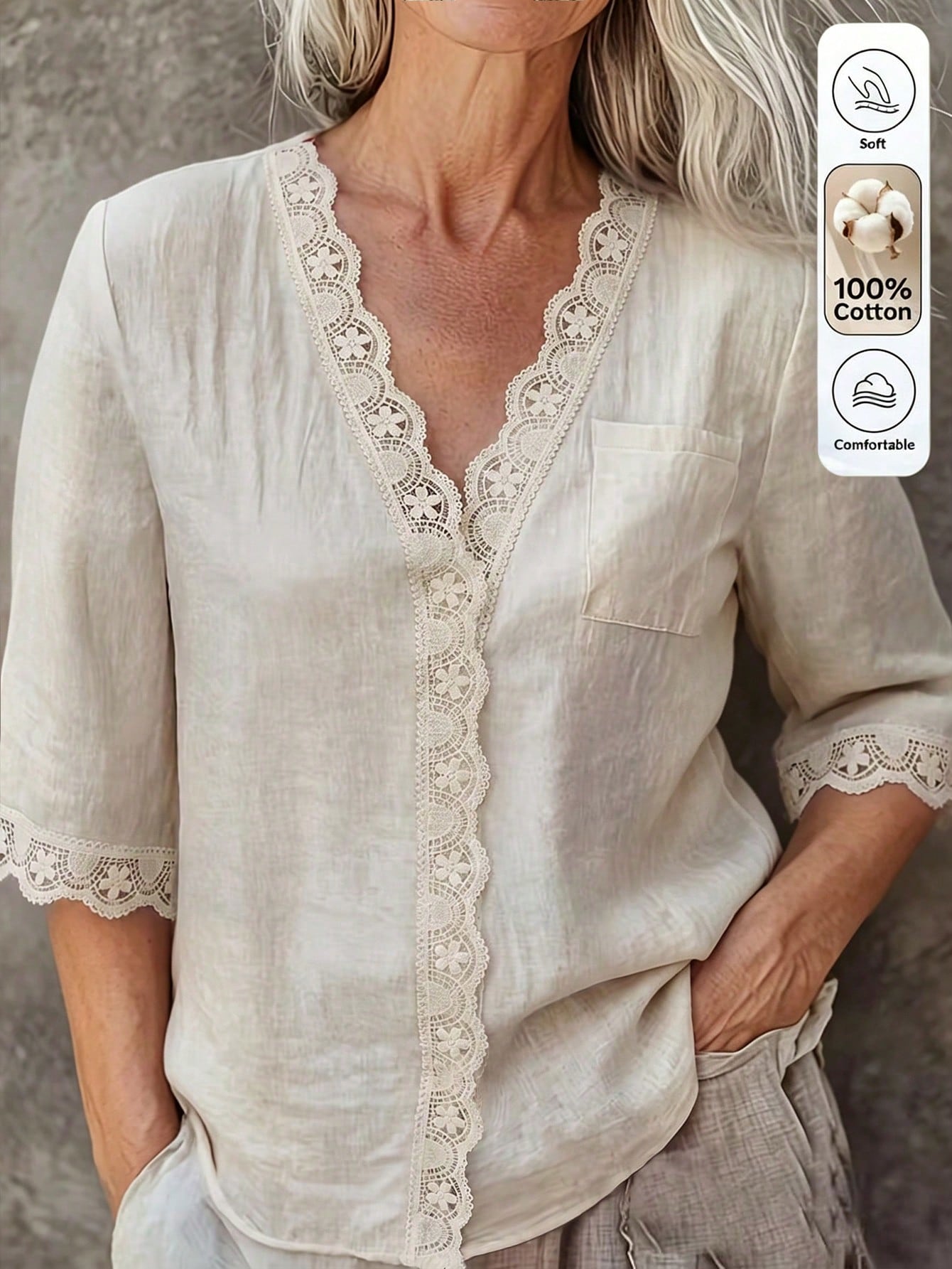 Linhara CURVE Plus-Size Women's Patchwork Lace Casual Autumn Blouse