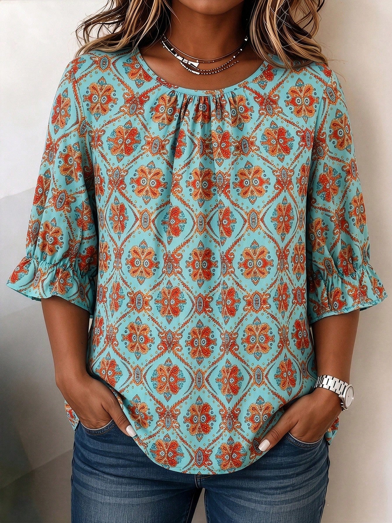 Linhara CURVE Plus Size Women's Round Neck Tie Sleeve Decorative Button Design Blouse