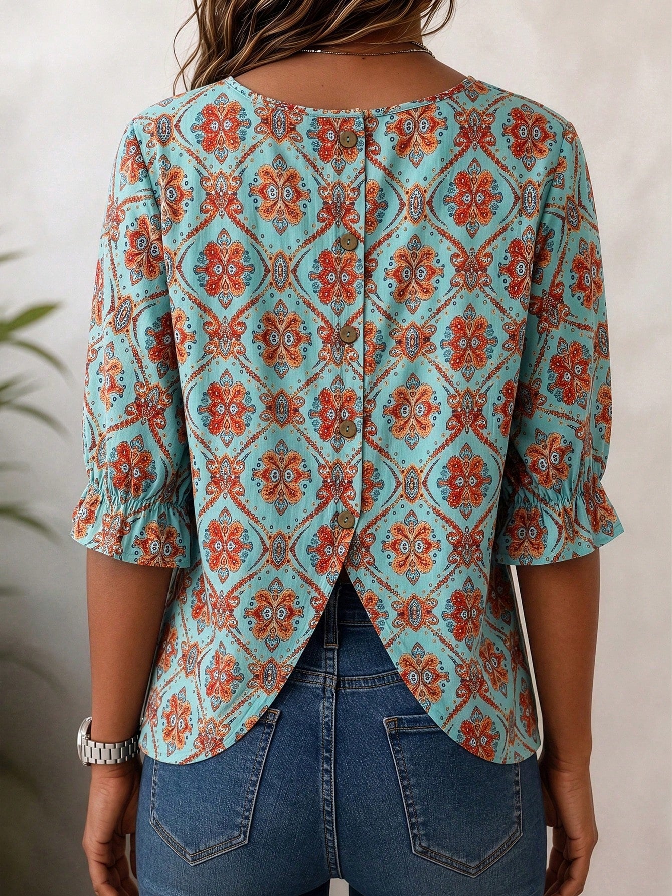 Linhara CURVE Plus Size Women's Round Neck Tie Sleeve Decorative Button Design Blouse