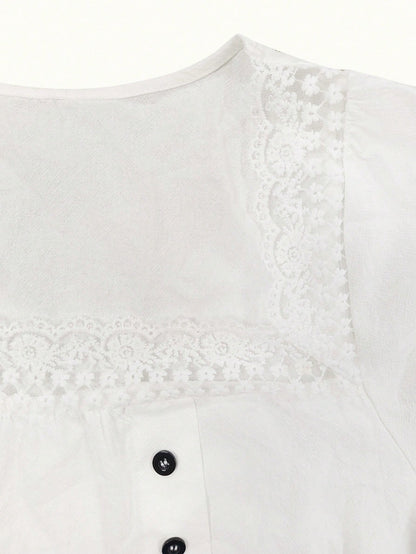 Linhara CURVE Plus Size Women's Woven Square Neck Lace Trim Patchwork Loose Fit Flattering Slimming Gentle French Vintage Everyday Versatile Side Button Design Shirt