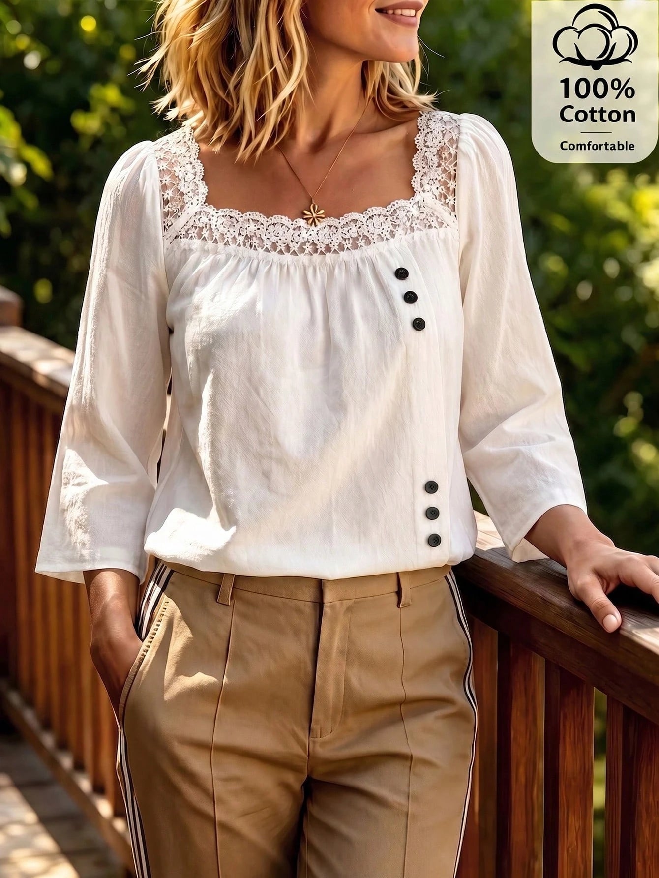 Linhara CURVE Plus Size Women's Woven Square Neck Lace Trim Patchwork Loose Fit Flattering Slimming Gentle French Vintage Everyday Versatile Side Button Design Shirt