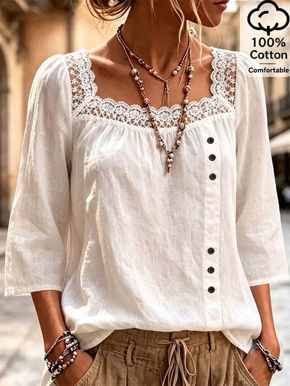 Linhara CURVE Plus Size Women's Woven Square Neck Lace Trim Patchwork Loose Fit Flattering Slimming Gentle French Vintage Everyday Versatile Side Button Design Shirt