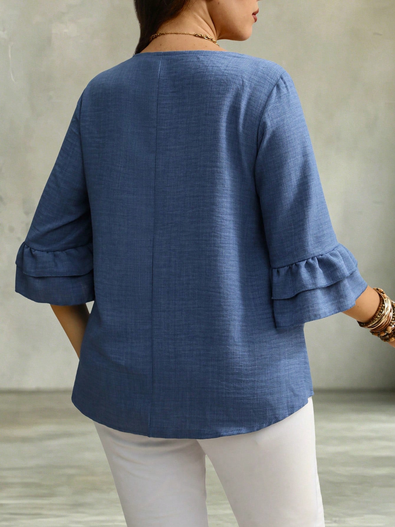 Linhara CURVE Women's Plus Size V-Neck Mid-Length Ruffle Sleeve Loose Fit Faux Linen Comfortable Fabric Blouse Suitable For Outings, Vacation, Casual Wear, Commuting And Office