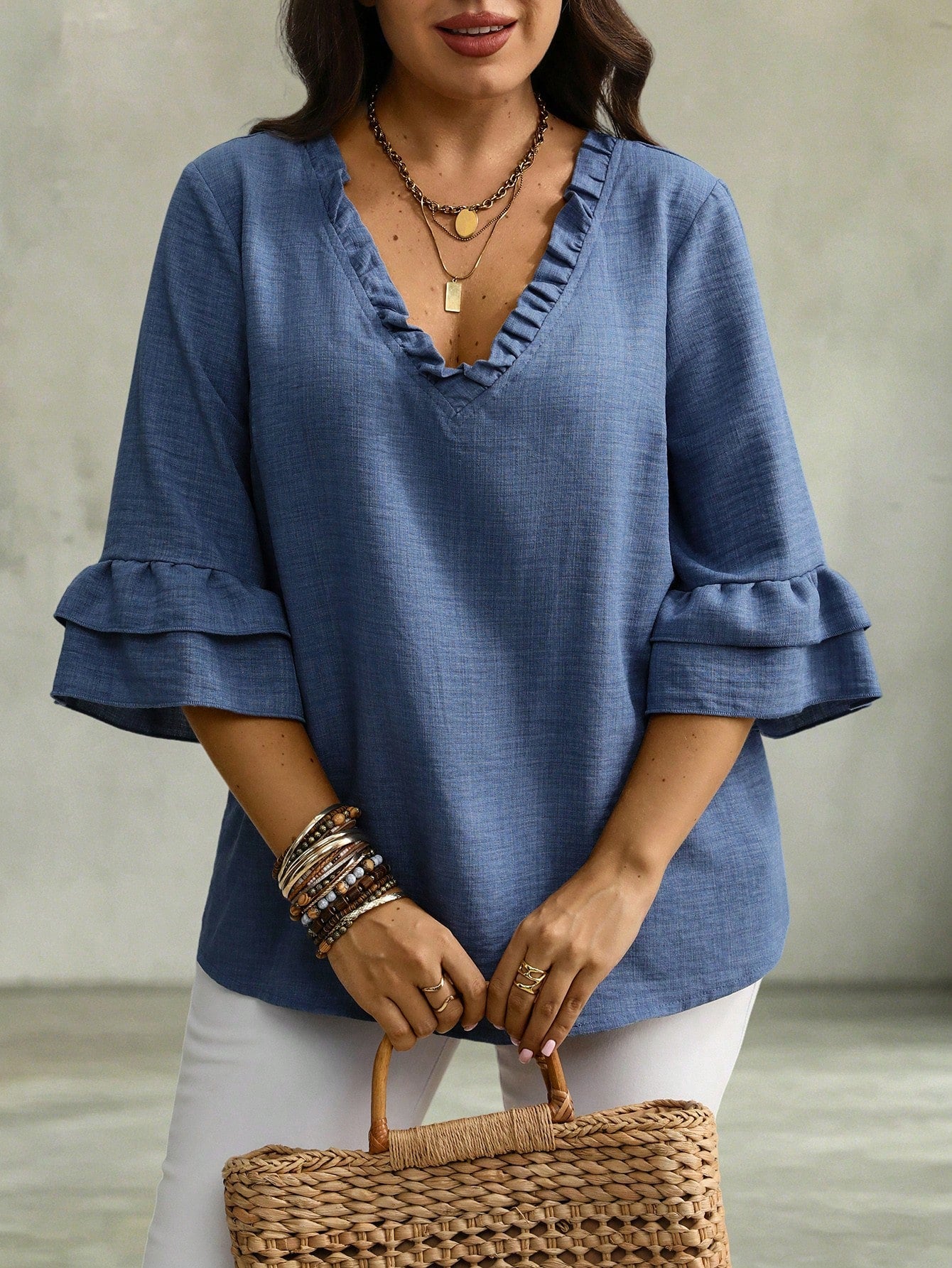 Linhara CURVE Women's Plus Size V-Neck Mid-Length Ruffle Sleeve Loose Fit Faux Linen Comfortable Fabric Blouse Suitable For Outings, Vacation, Casual Wear, Commuting And Office