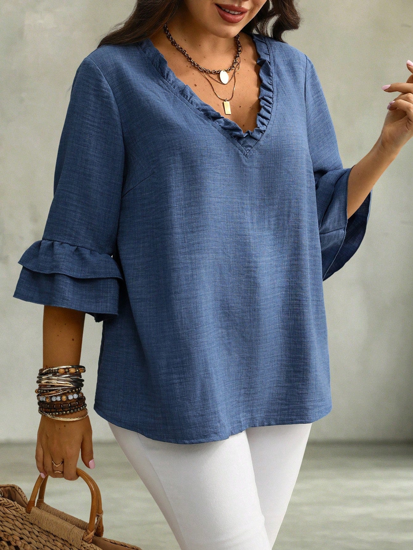 Linhara CURVE Women's Plus Size V-Neck Mid-Length Ruffle Sleeve Loose Fit Faux Linen Comfortable Fabric Blouse Suitable For Outings, Vacation, Casual Wear, Commuting And Office