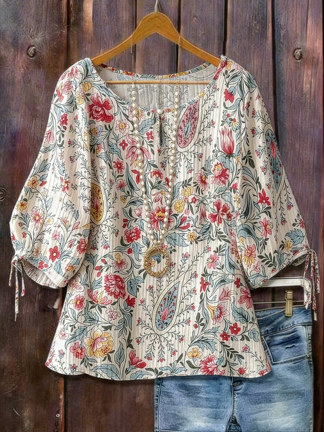 Linhara Ditsy Floral Loose Short Sleeve Shirt, Retro Soft Style
