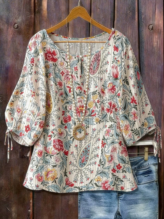 Linhara Ditsy Floral Loose Short Sleeve Shirt, Retro Soft Style