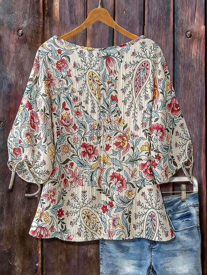 Linhara Ditsy Floral Loose Short Sleeve Shirt, Retro Soft Style