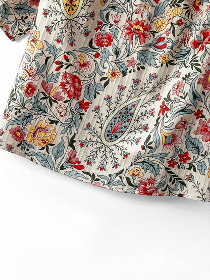 Linhara Ditsy Floral Loose Short Sleeve Shirt, Retro Soft Style