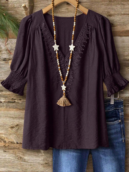 Linhara Plus Size Bohemian Style 3/4 Sleeve Ruffle Collar Elegant Casual Linen Blend Blouse