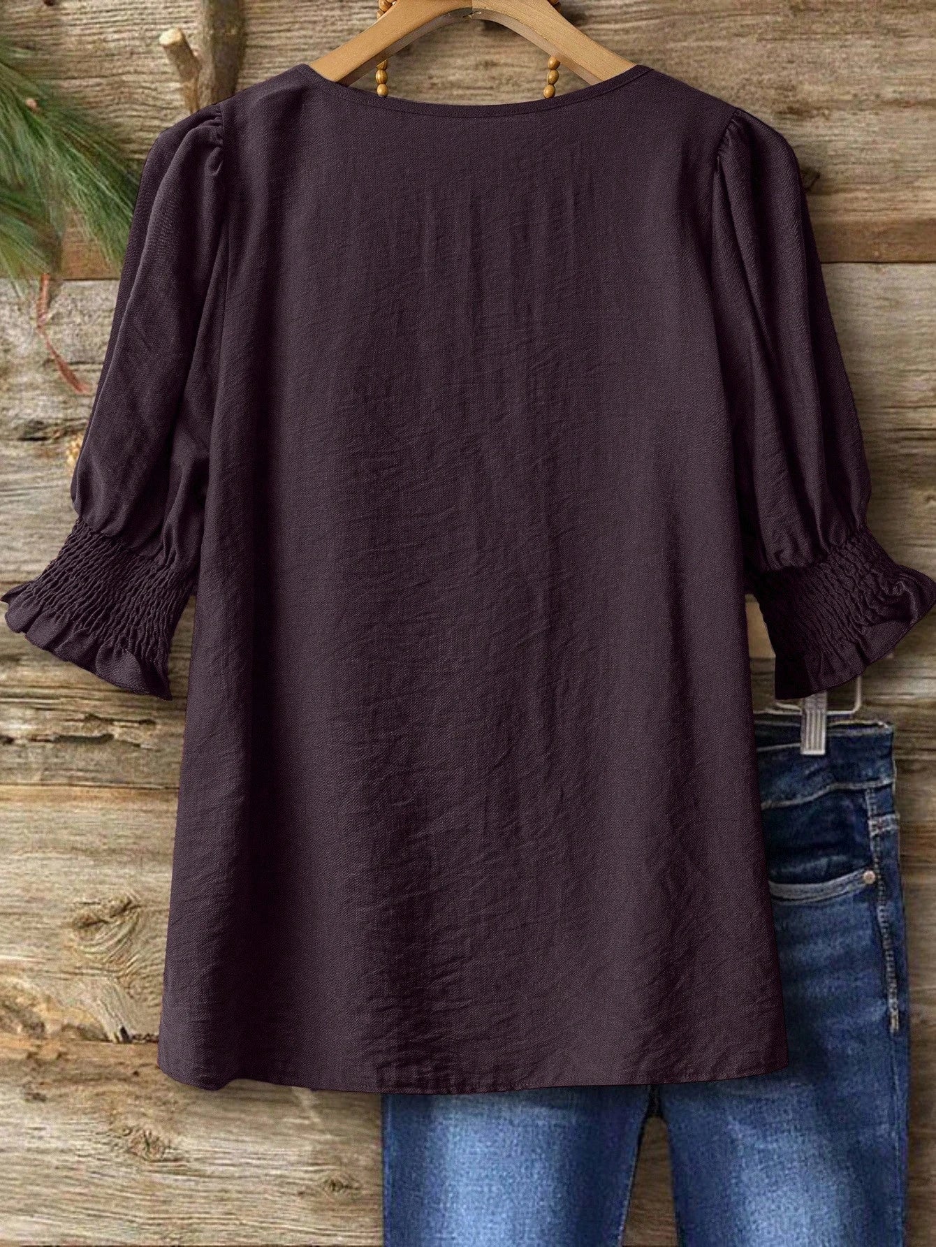Linhara Plus Size Bohemian Style 3/4 Sleeve Ruffle Collar Elegant Casual Linen Blend Blouse