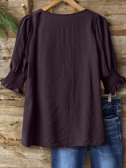 Linhara Plus Size Bohemian Style 3/4 Sleeve Ruffle Collar Elegant Casual Linen Blend Blouse